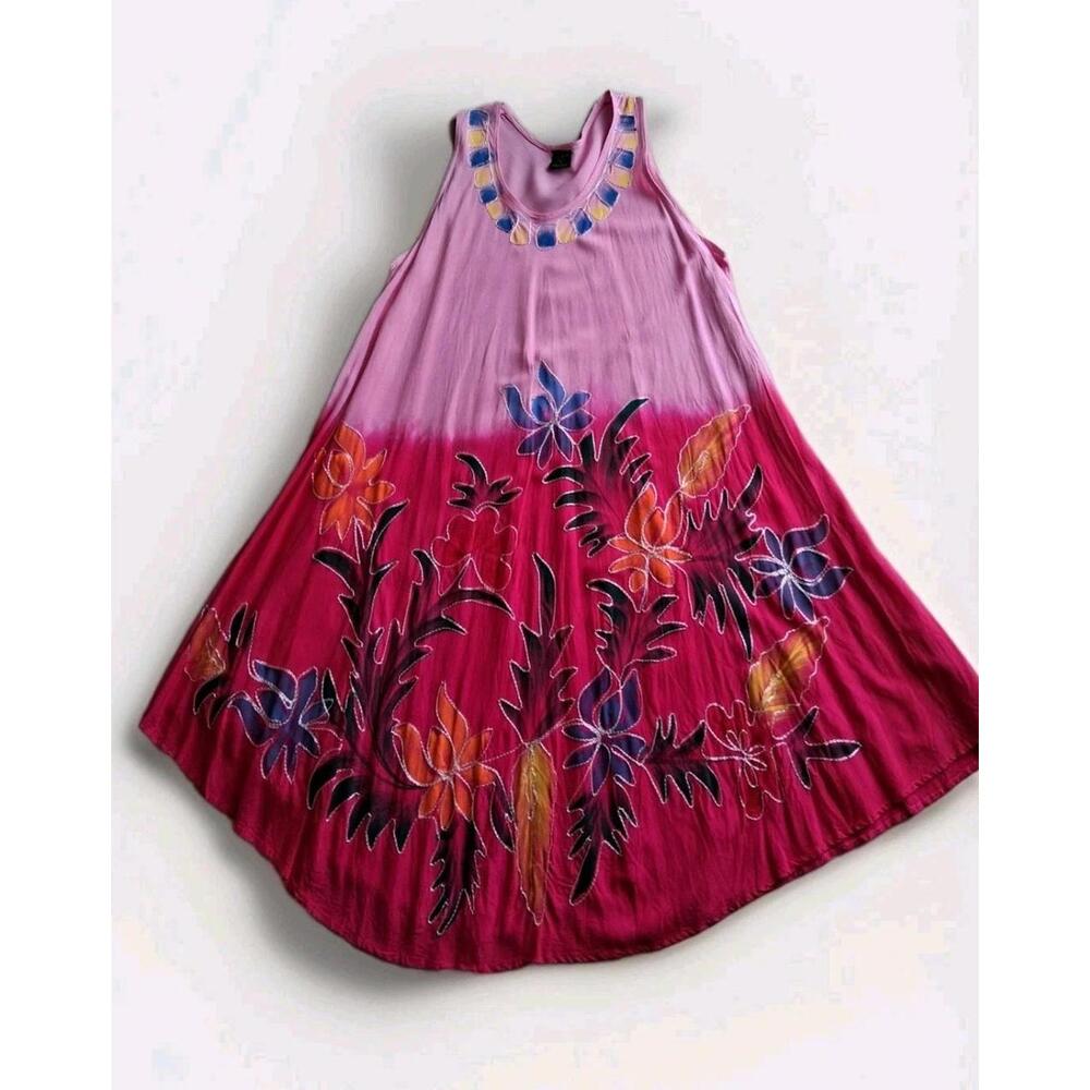 Magenta Pink Ombre Flowy Embroidered Maxie Hi Low Hem Gypsy Dress Tunic Sundress